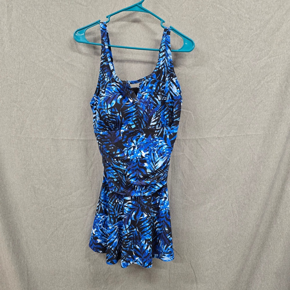KATE KASIN Women Blue Tropical Palm Leaf Print Swim Dress & Bikini Bottom Set L